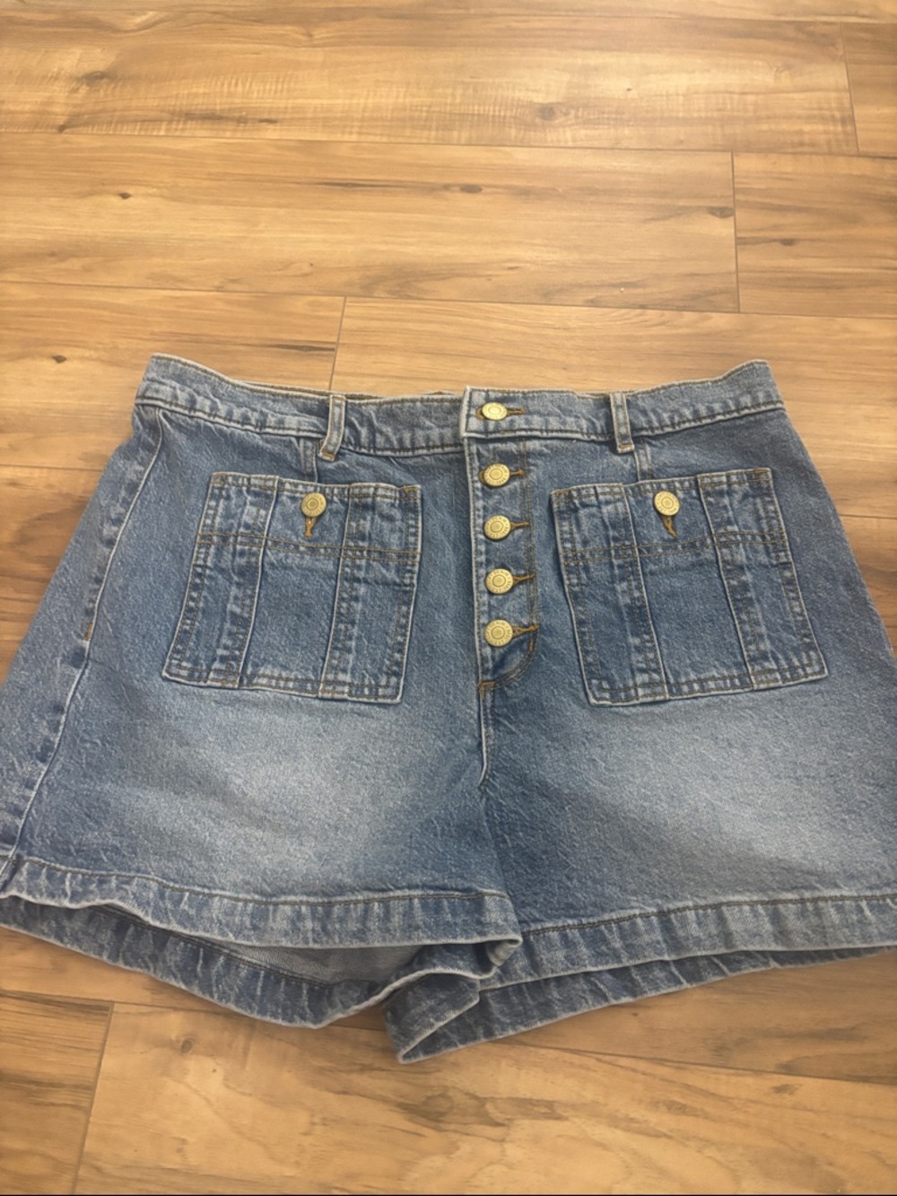 Loft High-Rise Blue Denim Shorts with Front Patch Pockets